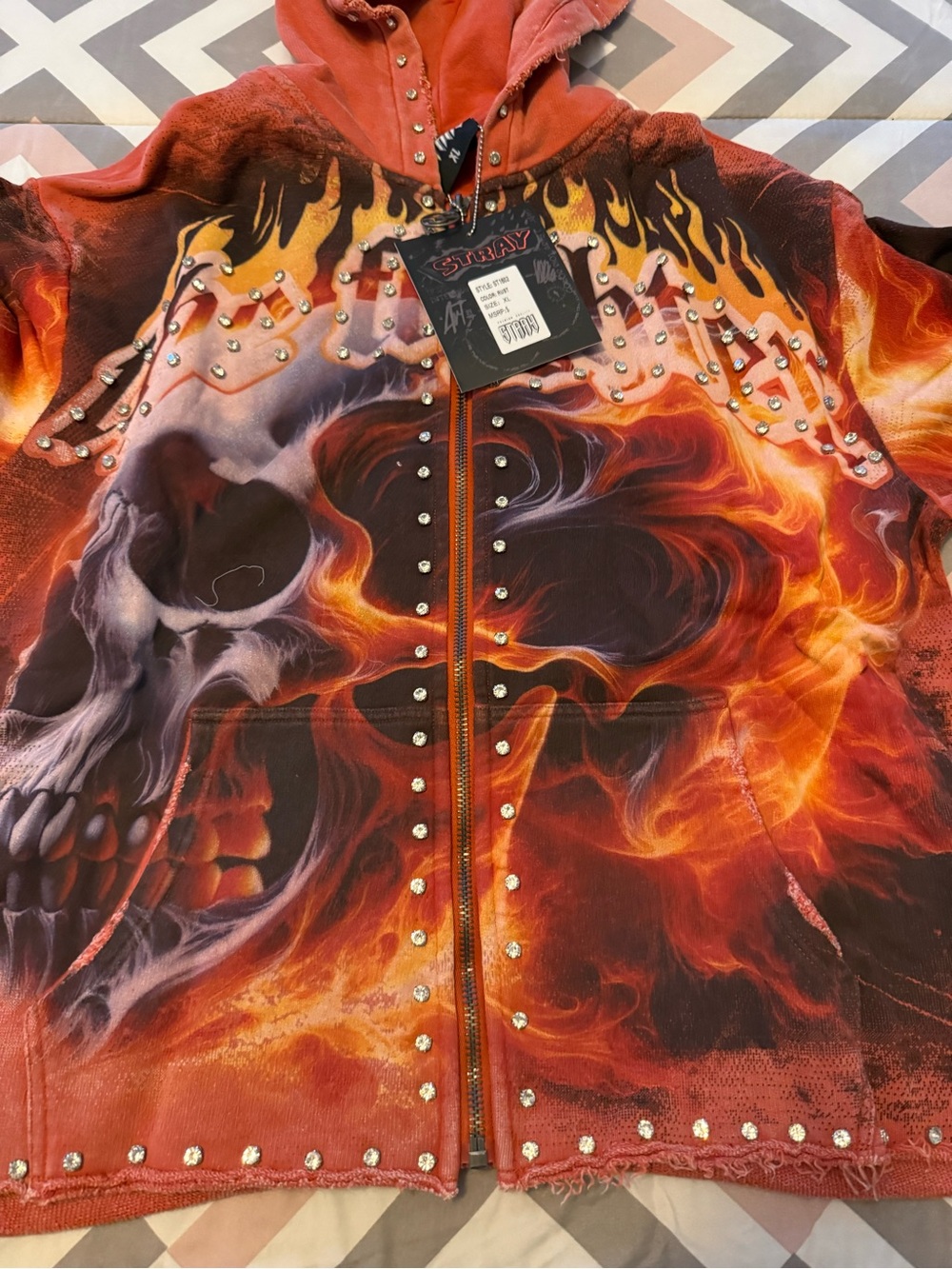 Stray Men’s Skull Flame Studded Zip Up Hoodie - Red Orange Black